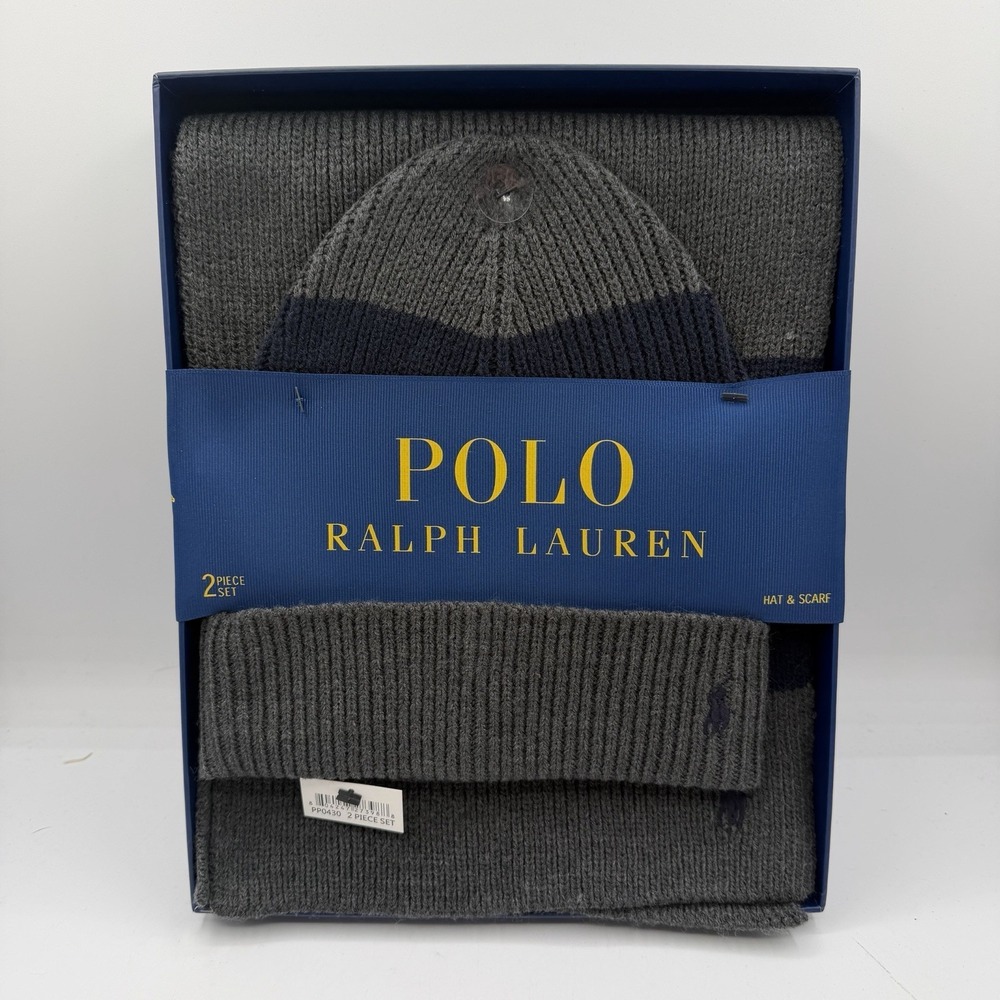 Polo Ralph Lauren Hat & Scarf Set Gray‎ & Navy Embroidered Pony RL Rugby NWT